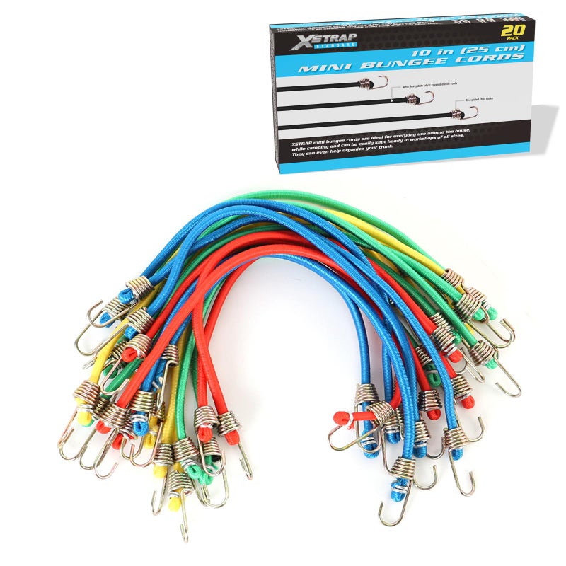 XSTRAP STANDARD 20 Pack Mini Bungee Cords, 10 Inch Rubber Stretchy Bungee Cords with Hooks for Bikes, Camping, Tools, Tarps and Cargo, Hang Christmas Ornaments - Image 1